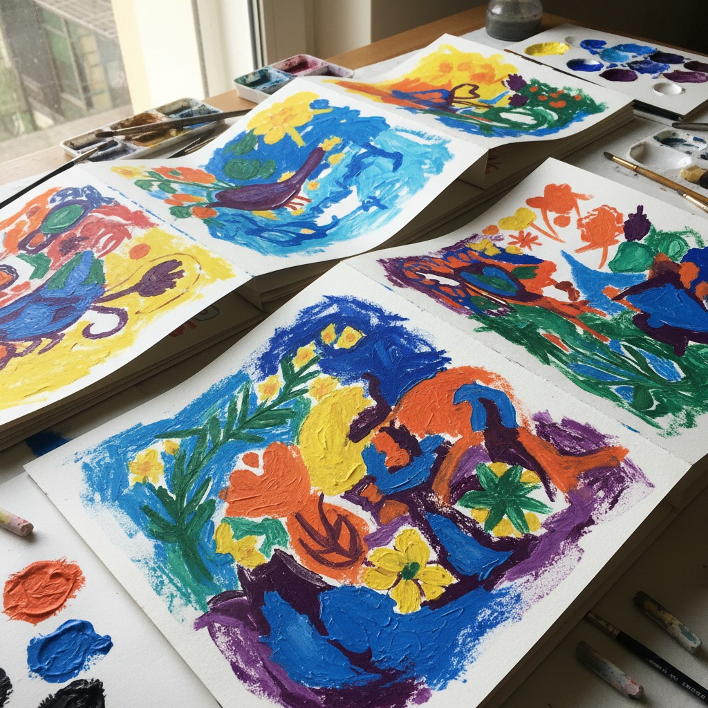 Diversi fogli di carta con dipinti colorati a tempera e pastelli sono disposti su un tavolo di legno insieme a pennelli e tavolozze.